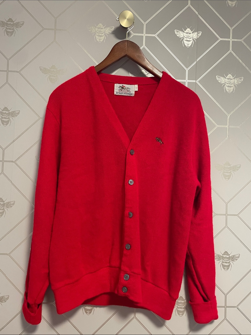 Men's Vintage Red V-Neck Button Cardigan Sweater - Steeplchase